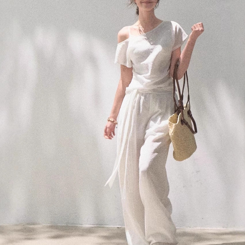 Linen Off-shoulder Short-sleeve Shirt Casual Set 