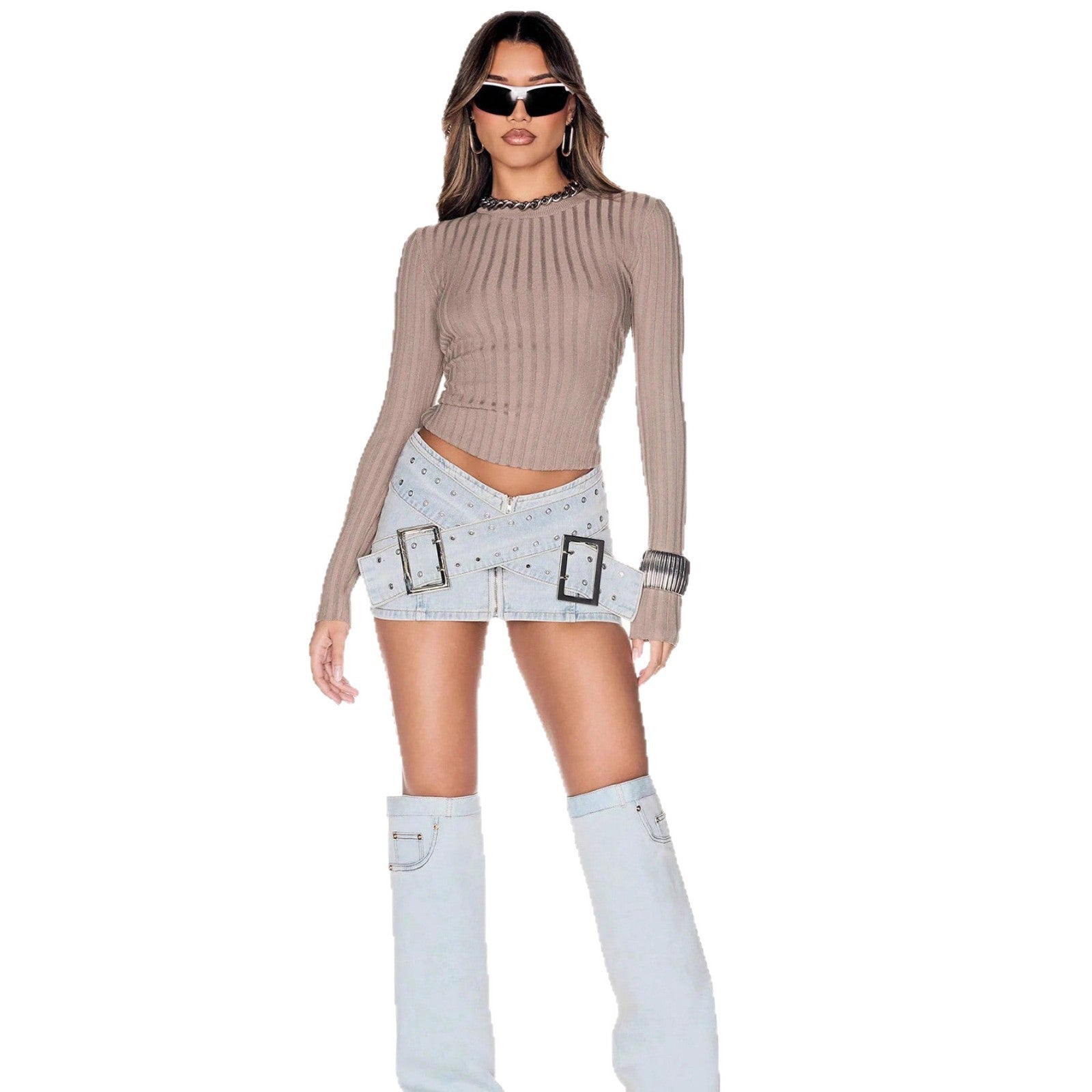 Fashionable Light Blue Denim Mini Skirt with Cross-Over Buckle Design, Bodycon Style 