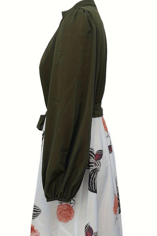 Ladies' Fashion Printed V-neck Waist Strap Casual Dress CJ