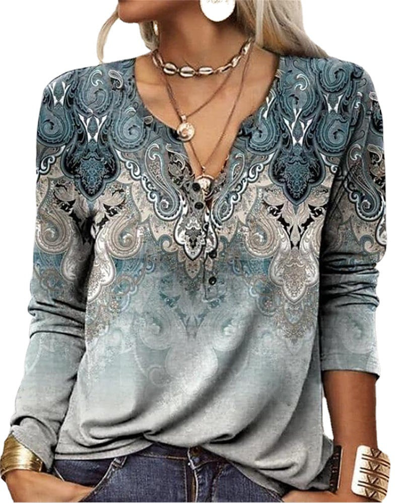 Women's Casual Ethnic Style V-neck Long-sleeved T-shirt 