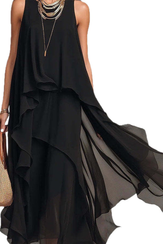 Chic Flowy Black Sleeveless Asymmetrical Chiffon Long Dress 