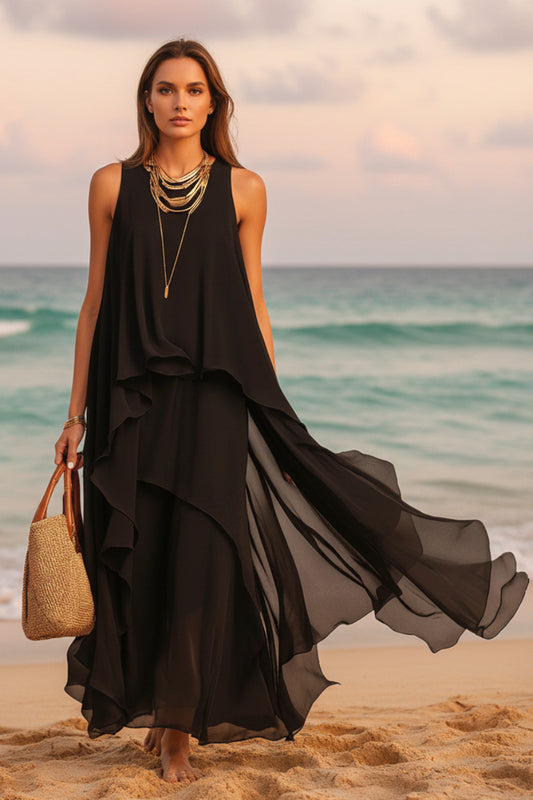 Chic Flowy Black Sleeveless Asymmetrical Chiffon Long Dress 
