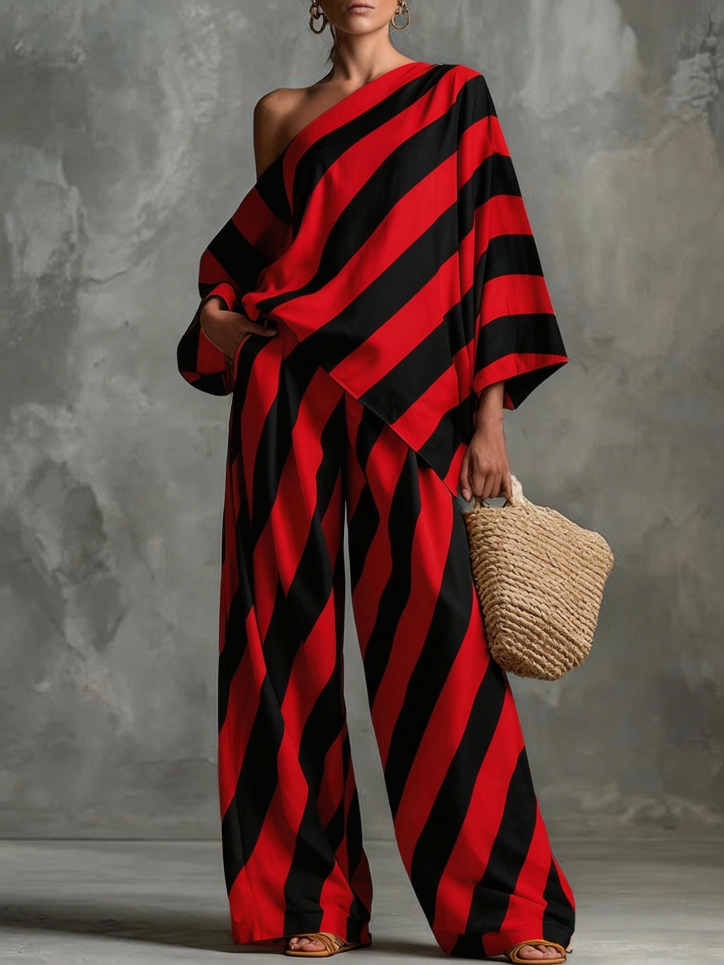 Retro Striped Printed Chiffon Top And Wide-leg Pants Set 