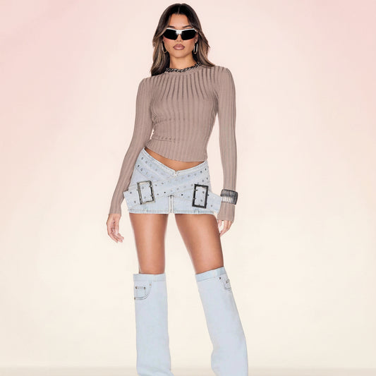 Fashionable Light Blue Denim Mini Skirt with Cross-Over Buckle Design, Bodycon Style 