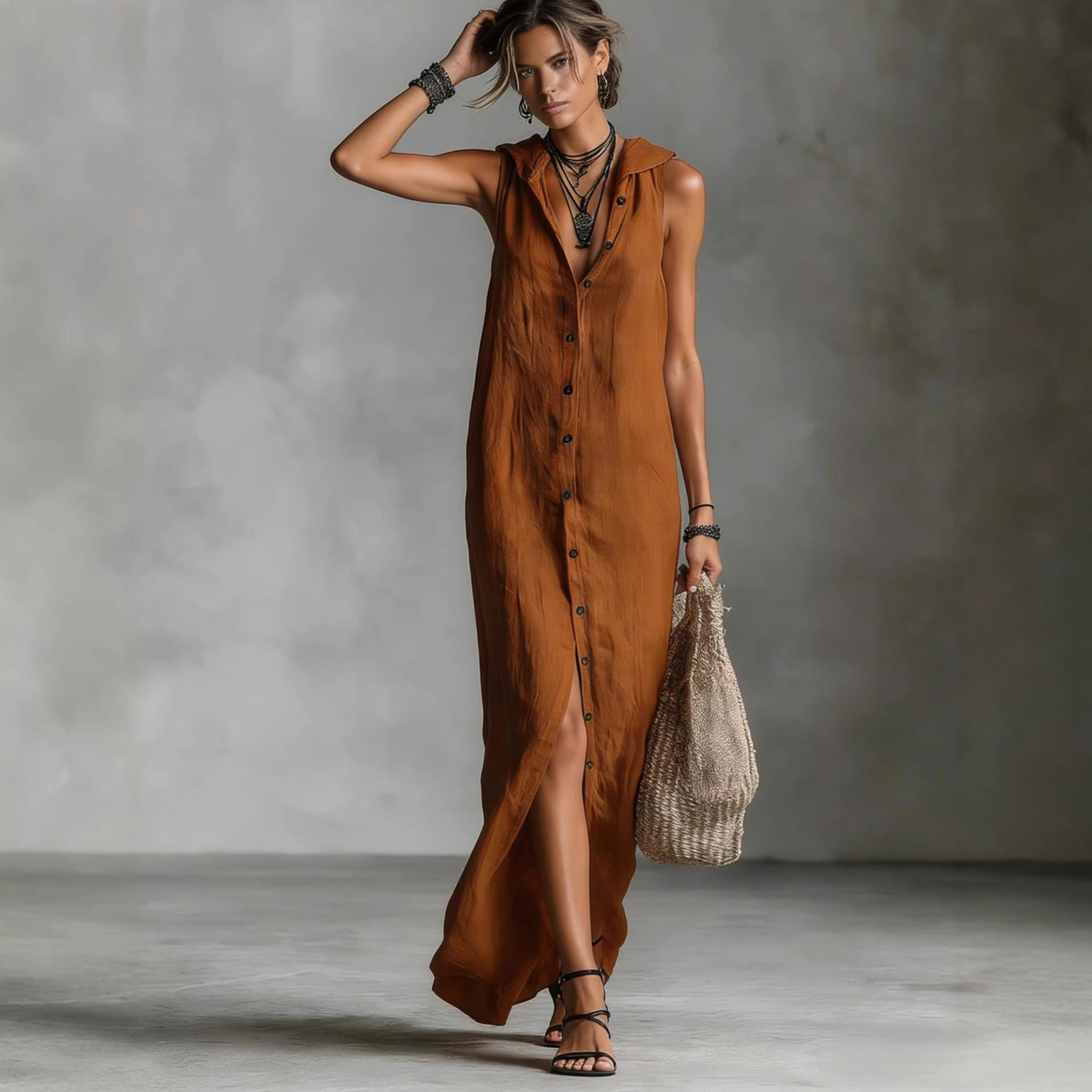 Sleeveless hooded breasted dress 