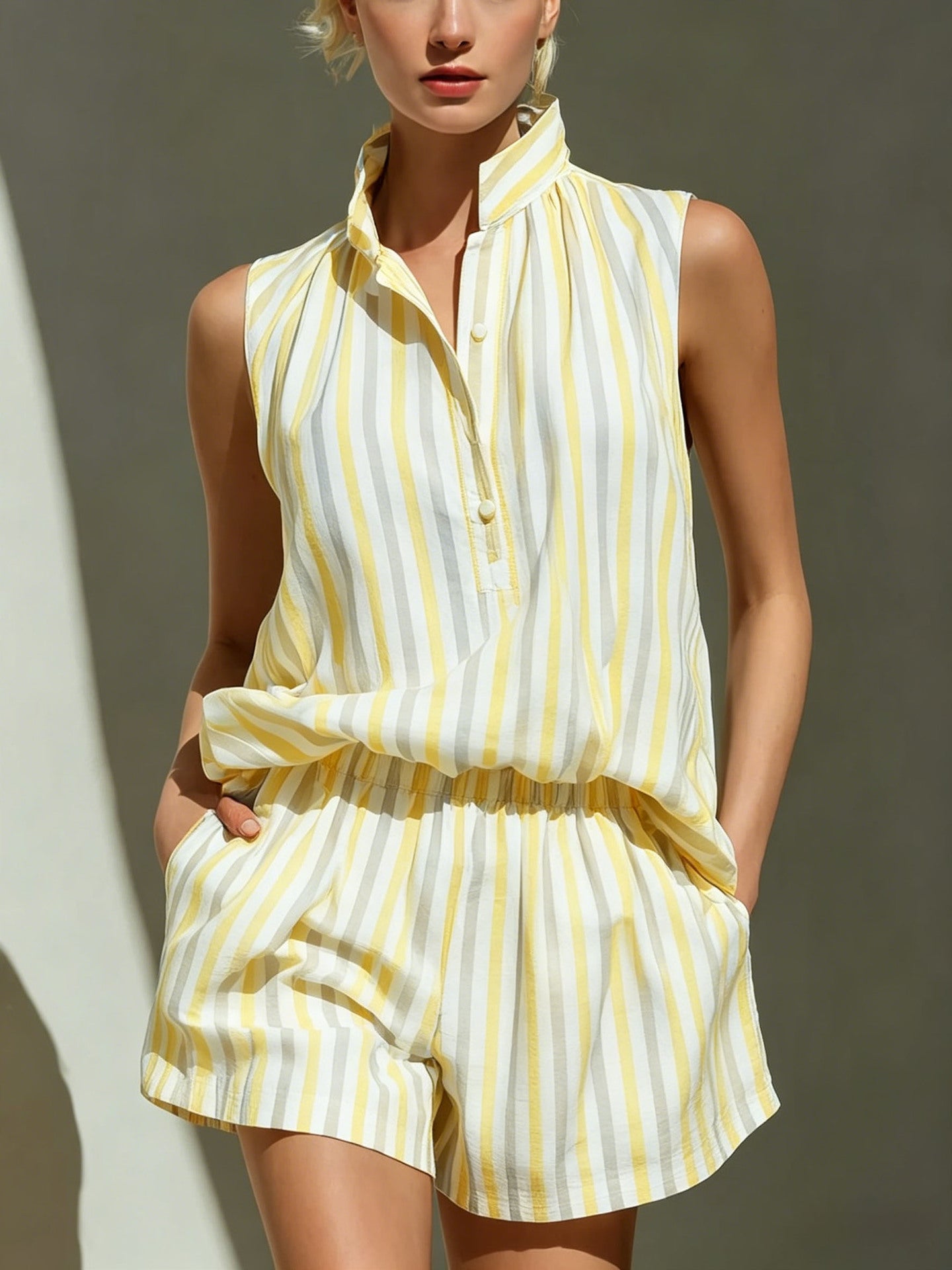 Sleeveless Stand Collar Striped Vest And Casual Shorts Two-Piece Set 