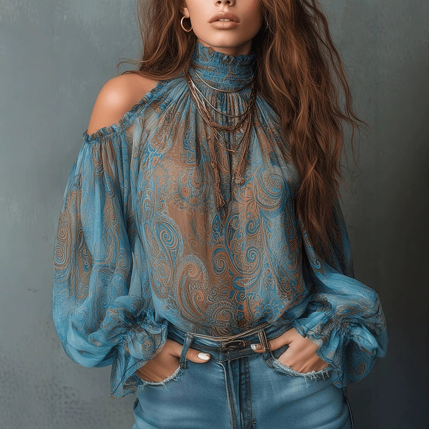 Retro Cashew-print High-neck Off-shoulder Chiffon Blouse 
