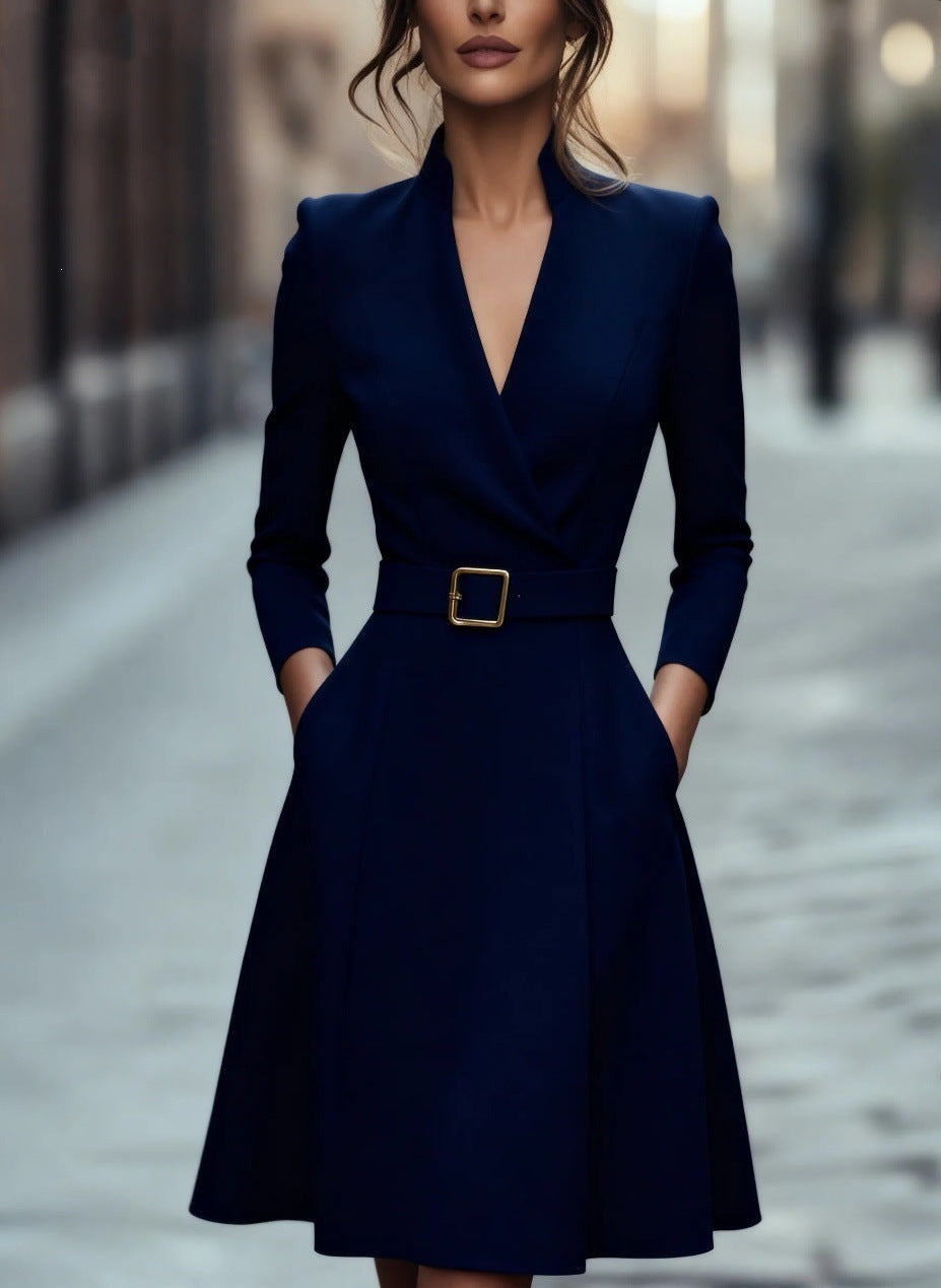 Solid Color Waist V-Neck Long Sleeve Swing Dress, Women's Autumn Winter Dress 