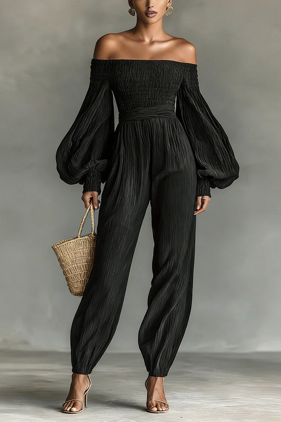 Style Off-Shoulder Lantern Sleeve Pleated Loose Jumpsuit for Women 
