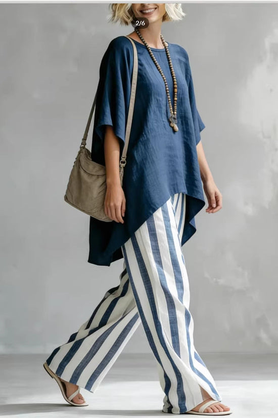 New Striped Batwing-Sleeve Loose Cotton-Linen Two-Piece Set 
