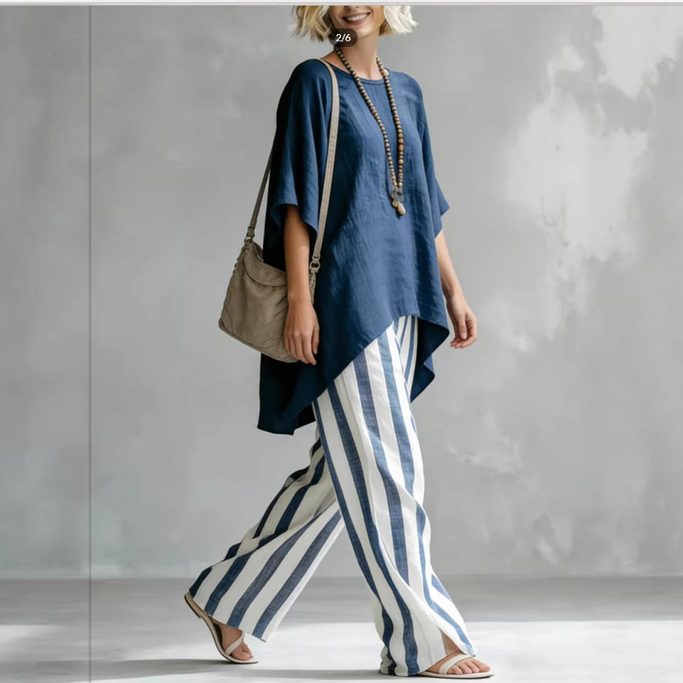 New Striped Batwing-Sleeve Loose Cotton-Linen Two-Piece Set 