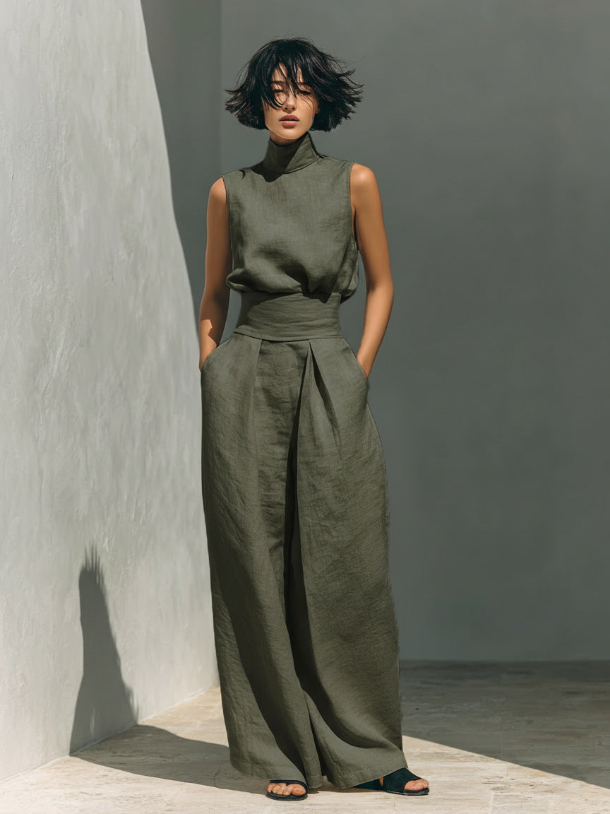 Womens Cotton-Linen Blend Sleeveless Top And Wide-Leg Pants Set 
