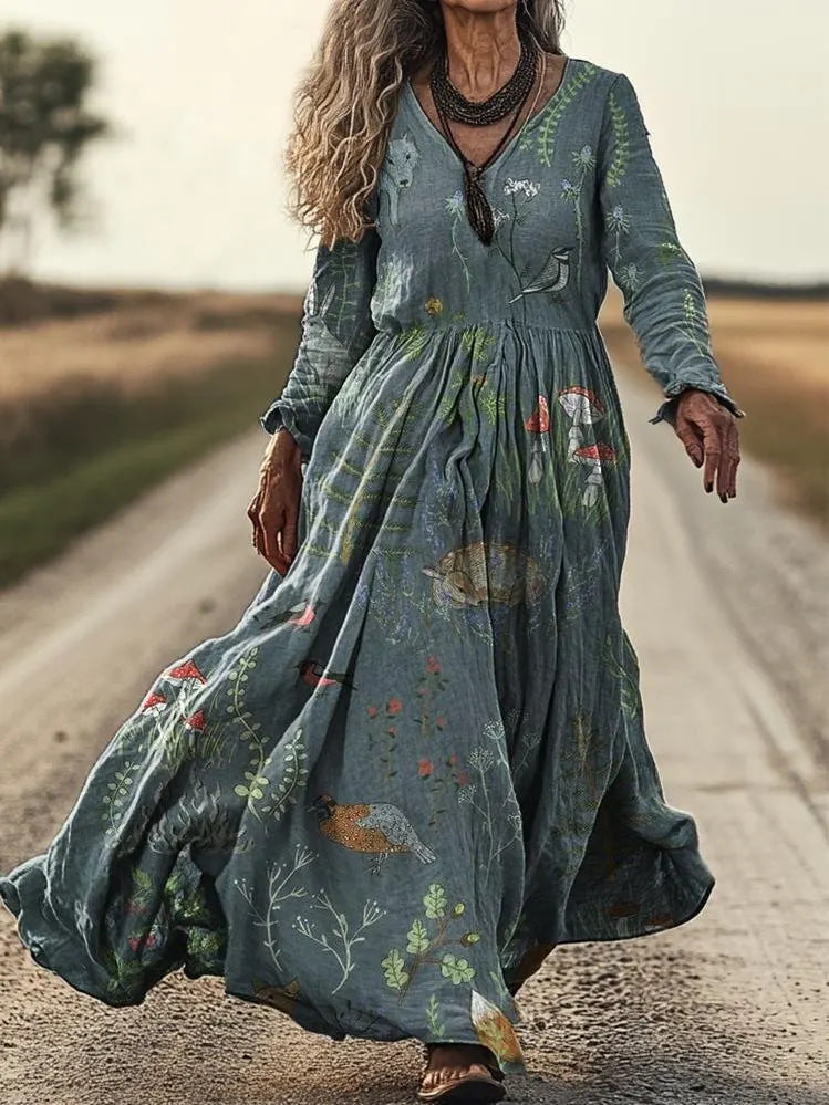 Personalized Retro Chic V-Neck Long-Sleeve Dress 