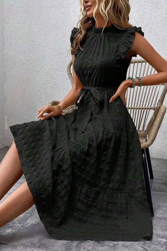 Tied Ruffled Cap Sleeve Midi Dress 
