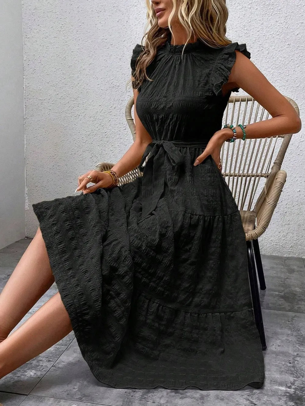 Tied Ruffled Cap Sleeve Midi Dress 