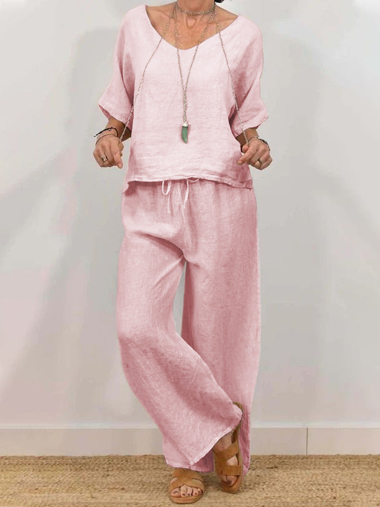 Womens Multi-Color Two-Piece Set Casual V-Neck Pullover With Three-Quarter Sleeves And Extended Pants 