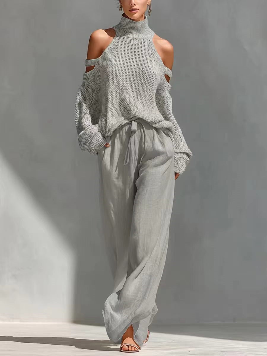 Womens Long-Sleeve Turtleneck Top And Pants Two-Piece Set 