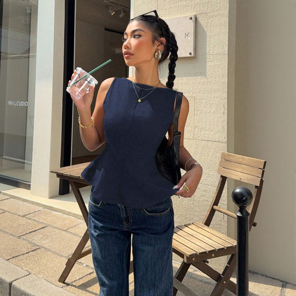 Sleeveless Fitted Top for Women with Ruffle Hem, Backless Bow Tie, Office Casual Versatile Style 
