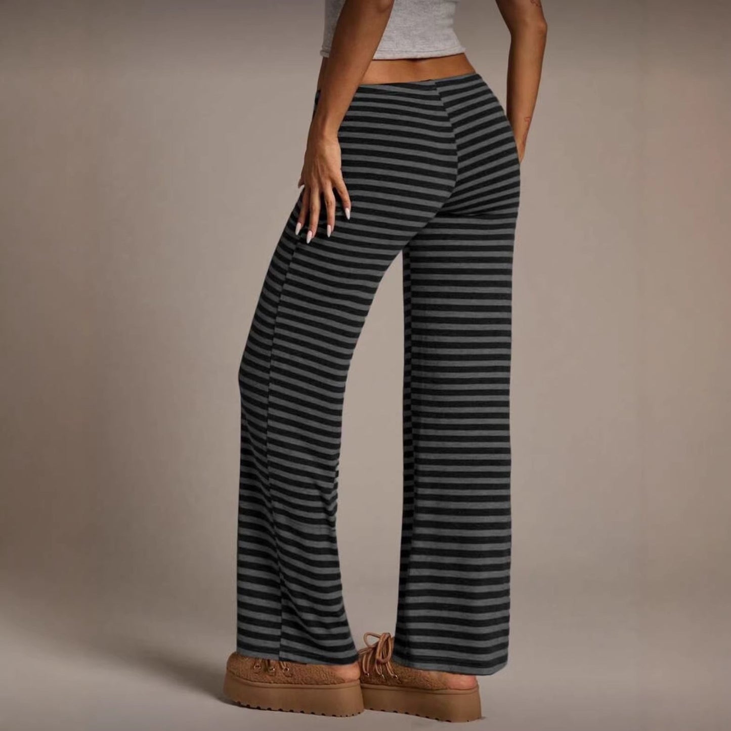 SpringSummer Womens Fashion Striped Casual All-Match Wide-Leg Flared Trousers 