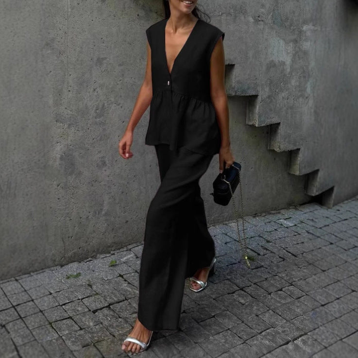 Womens Cotton V-Neck Sleeveless Vest And Wide-Leg Pants Set 