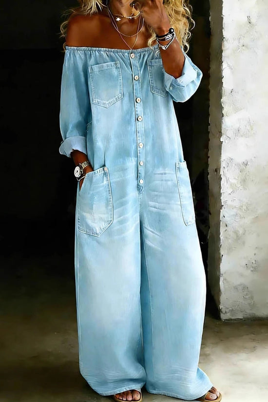 Single-breasted Off-shoulder Washed Faux Denim Jumpsuit 