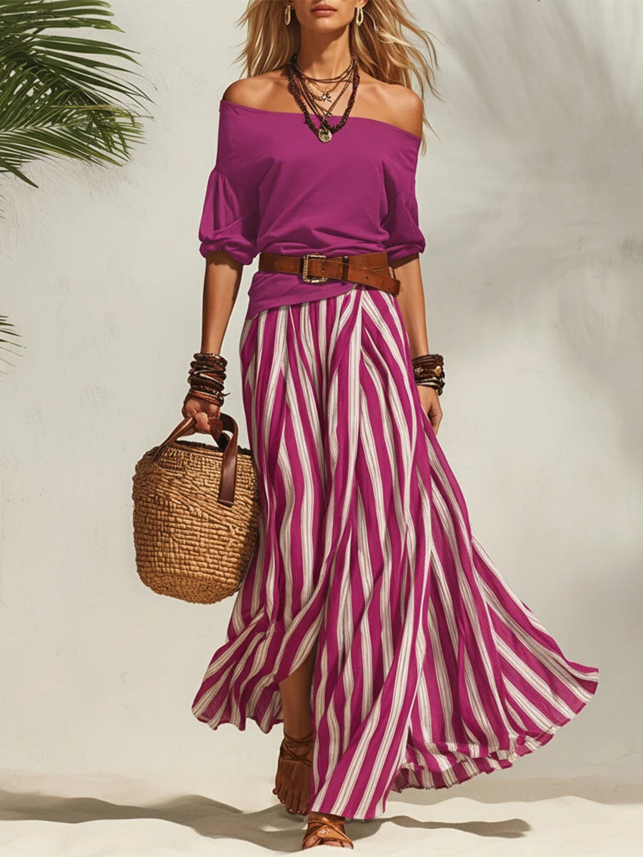 Off-shoulder Top And Slit Skirt Womens Set 