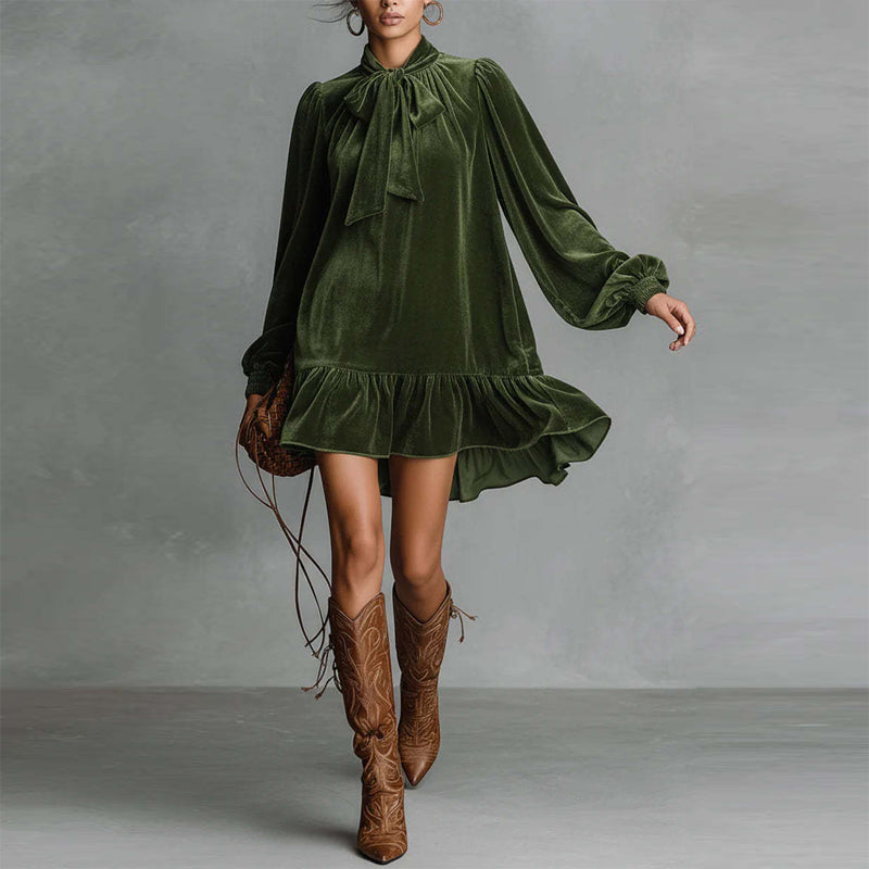 Women's Elegant Solid Color Bow Tie Dress With Puff Sleeves & Asymmetric Ruffle Hem, Loose Fit Short Dress For Spring Autumn 