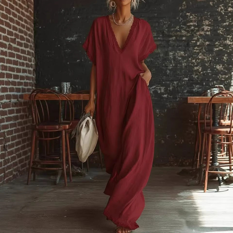 European And American Style Casual Elegant Comfortable Lace-trimmed Loose Linen Cotton Long Dress 