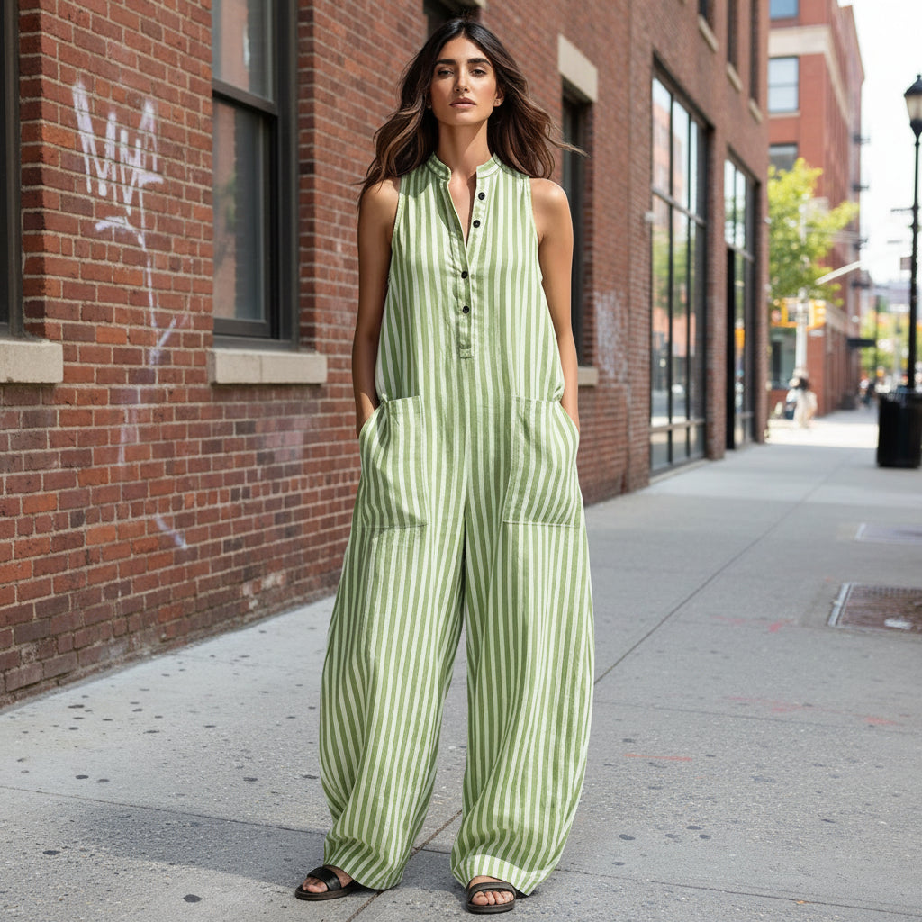 Fashionable Loose V-Neck Long Striped Jumpsuit 