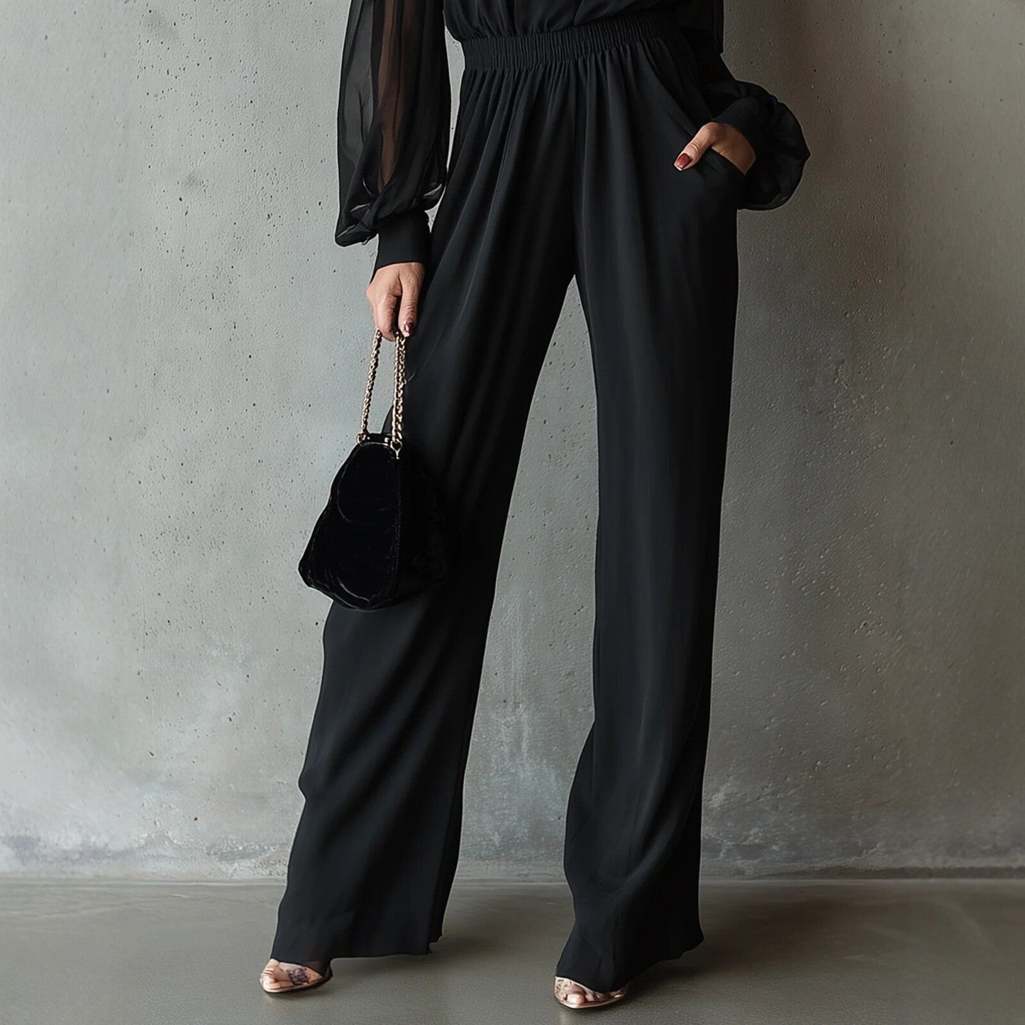 Black Embroidered Womens Long-Sleeve Wide-Leg Jumpsuit 
