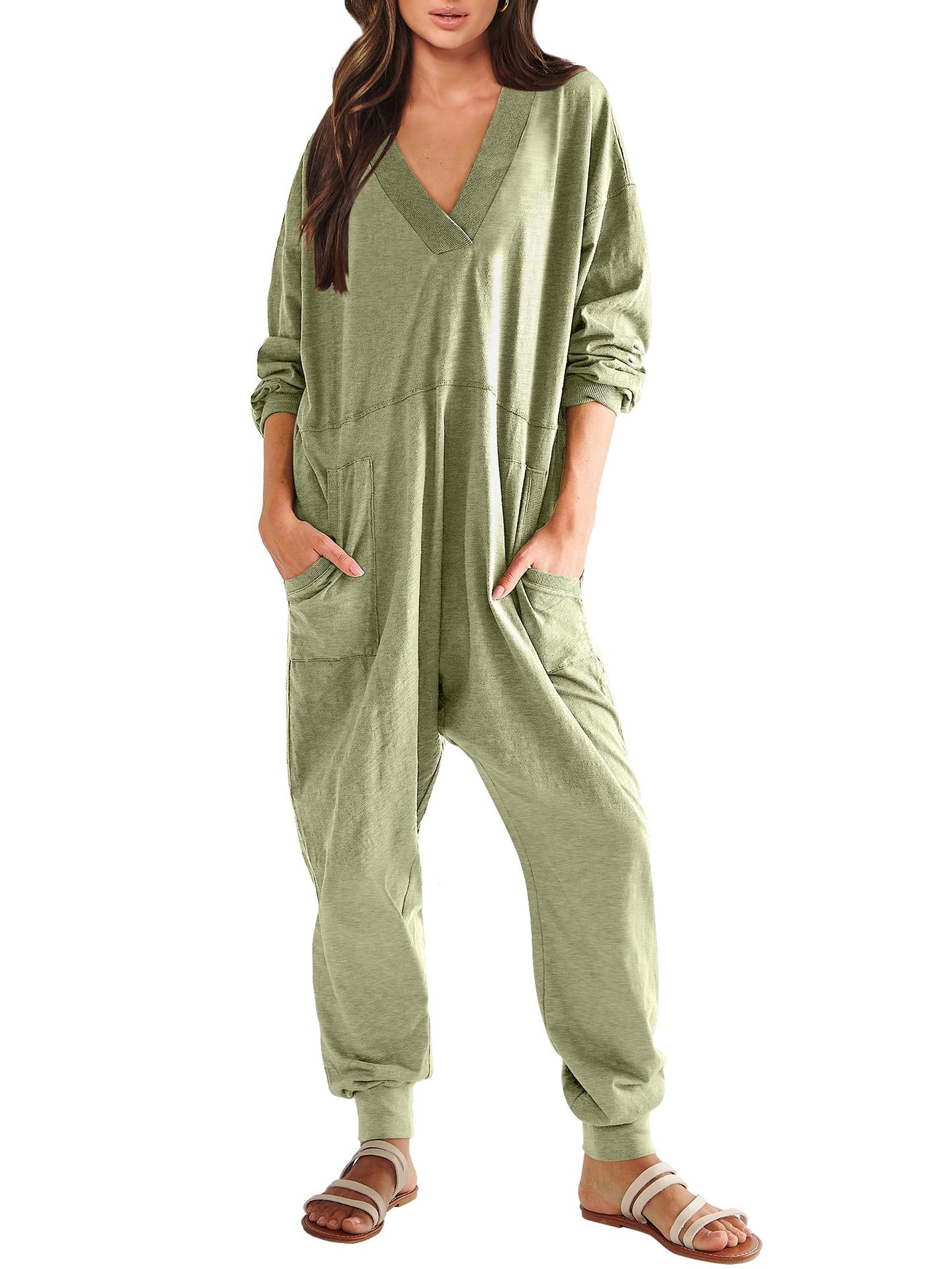 Women's V-neck Long Sleeve Solid Color Loose Jumpsuit With Two Side Pockets 