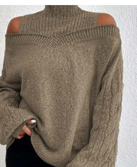 Women’s Elegant Off-Shoulder Turtleneck Sweater — Long Sleeve Knit Top 