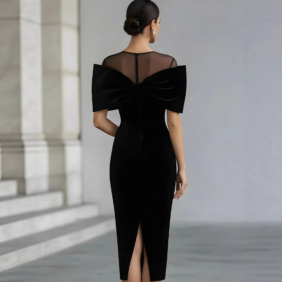 Chic Office Women's One-Shoulder Off-the-Shoulder Velvet Dress with Gold Thread 