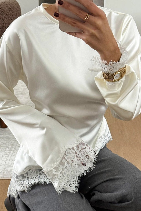 Round neck solid color long sleeved irregular hem T-shirt for women 