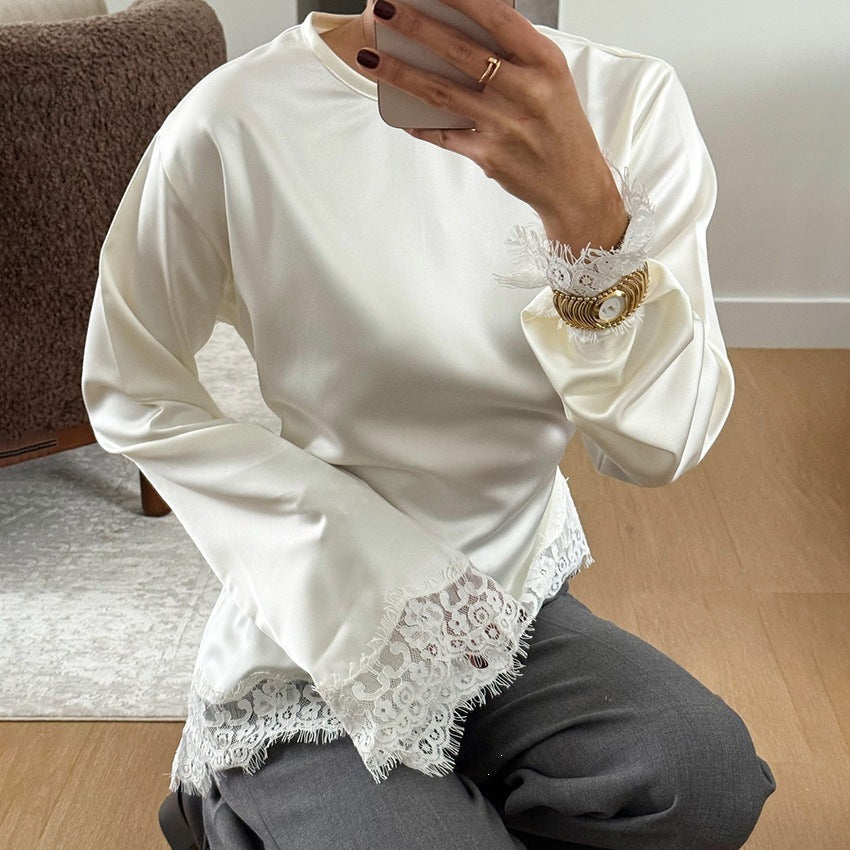 Round neck solid color long sleeved irregular hem T-shirt for women 