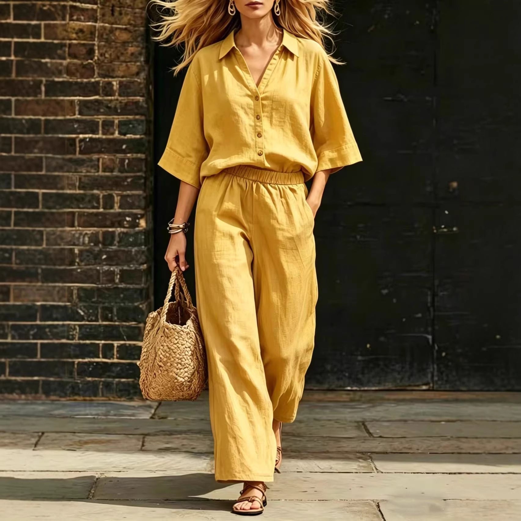 Womens Short-Sleeve Shirt And Loose Pants Two-Piece Set 