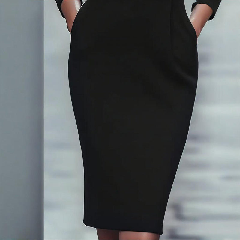 Women's Black Long Sleeve V-Collar Bodycon Dress With Belt Detail & Pockets - Formal Midi Dress For Fall Spring CJ