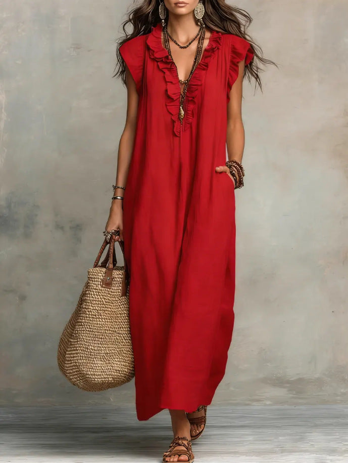 Women's Spring Summer Pocket Ruffle Elegant Dress 