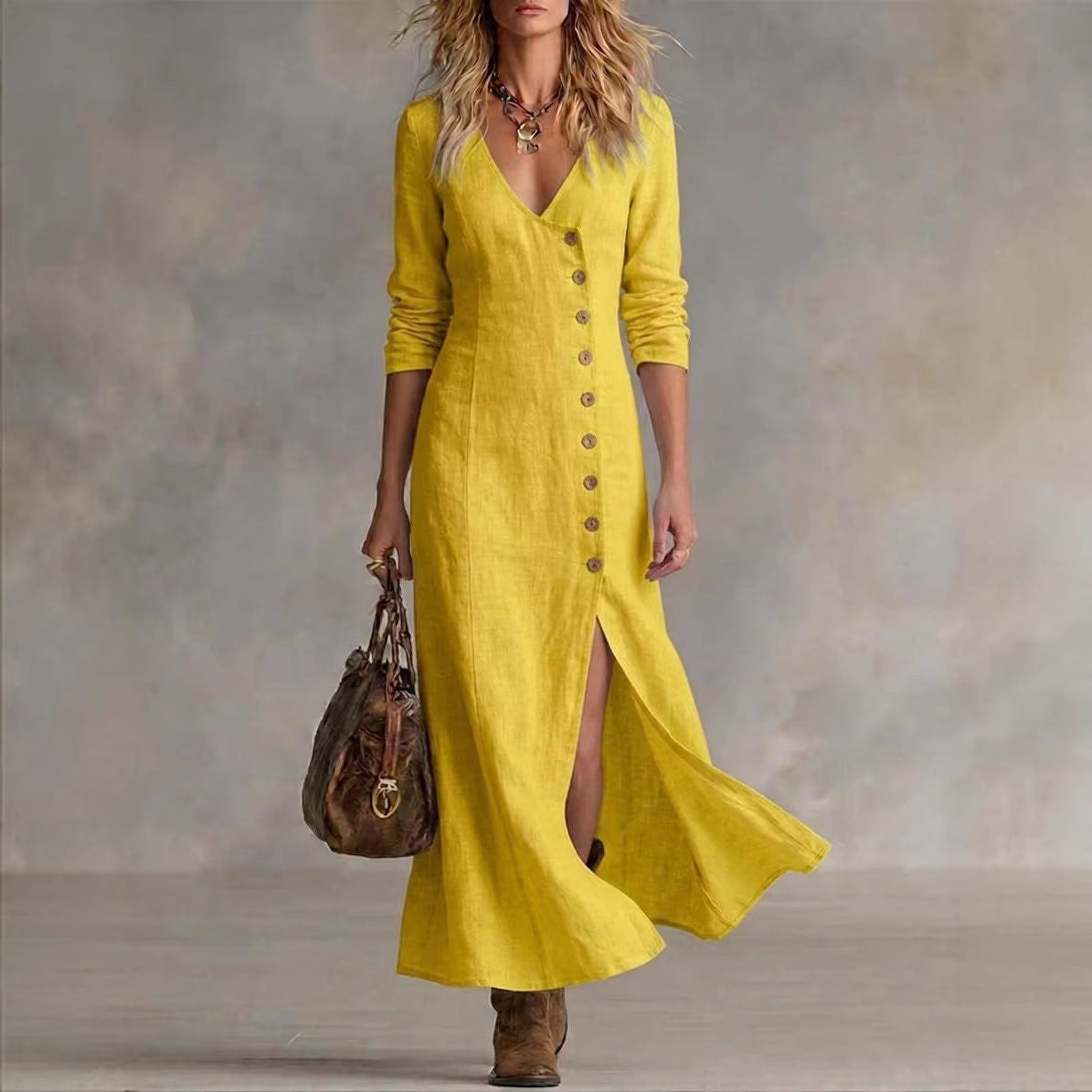 Fashionable Casual Cotton-Linen Long-Sleeve Womens Dress 