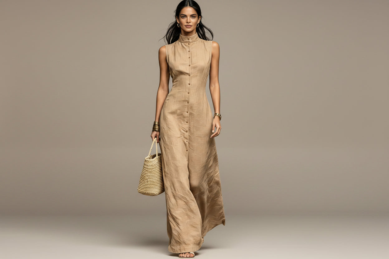 Blended Fabric Stand-up Collar Single-breasted Sleeveless Maxi Dress 