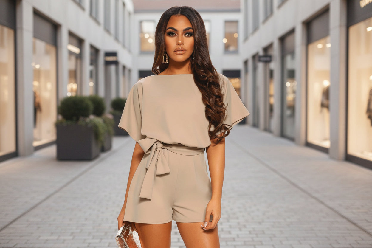 Fashion Solid Color Short-sleeved Jumpsuit with Belt 