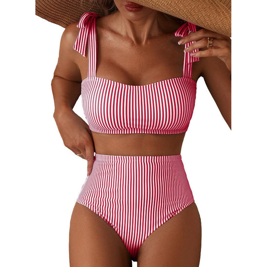 Women's Striped Bikini Set with Tie-Shoulder Design, High-Waisted Two-Piece Swimsuit 