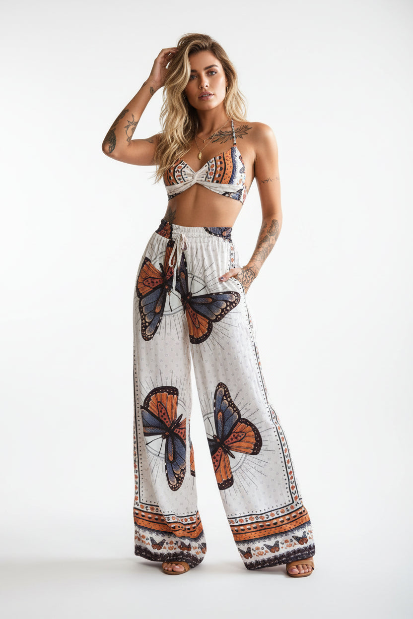Women's Feather Print Crop Top & Pants Set – 2-Piece Vacation Outfit 