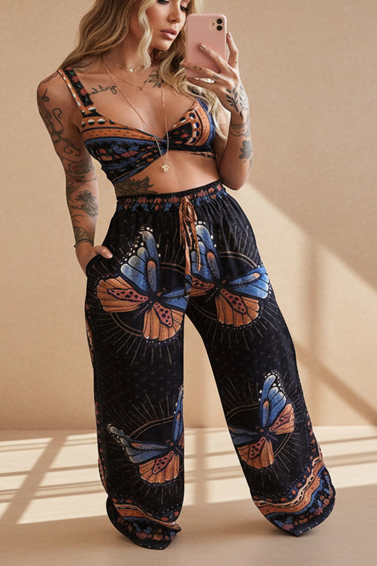 Women's Feather Print Crop Top & Pants Set – 2-Piece Vacation Outfit 