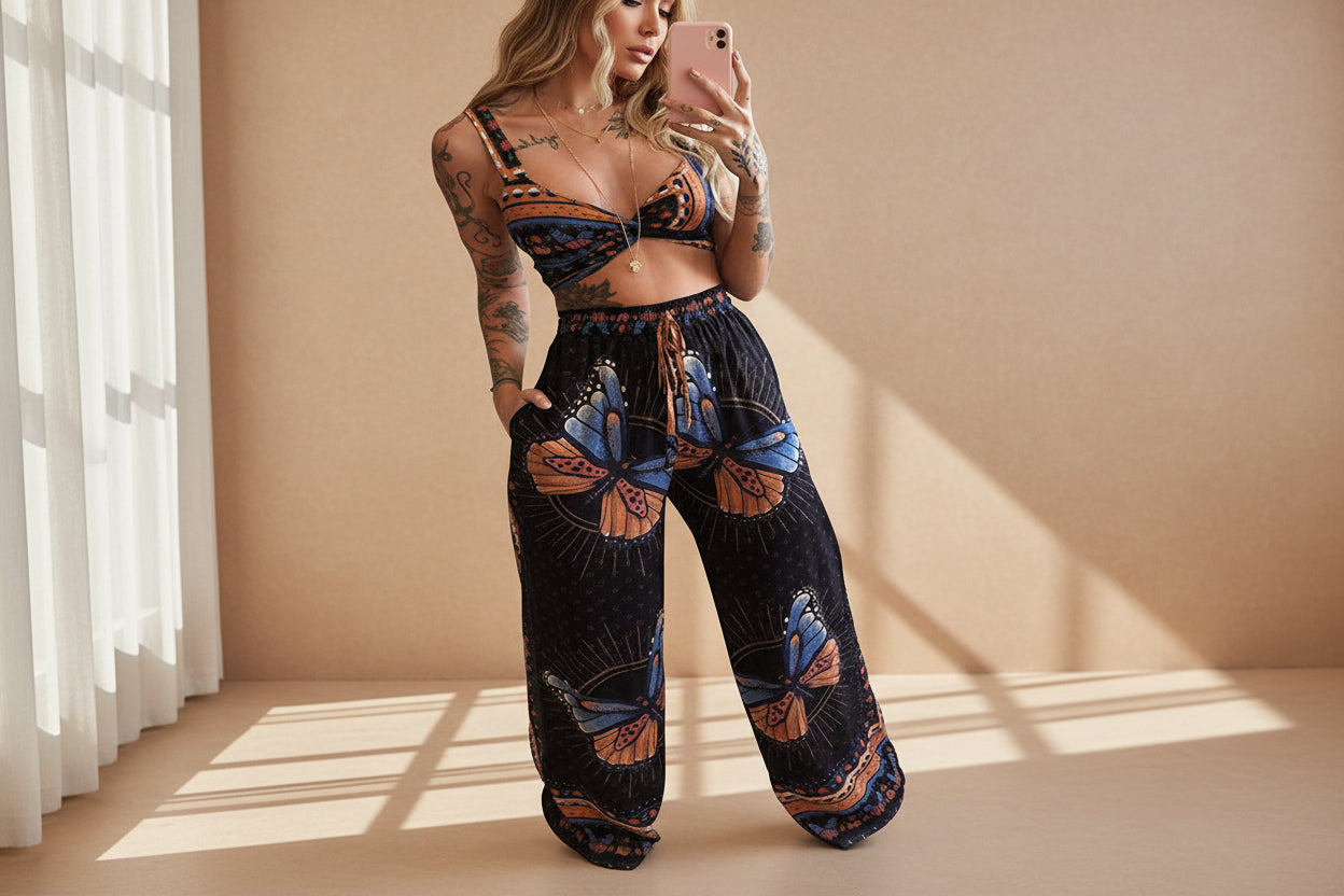 Women's Feather Print Crop Top & Pants Set – 2-Piece Vacation Outfit 