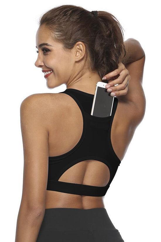 Women’s Pocket Sports Bra – Supportive Workout Bra with Phone Pocket CJ
