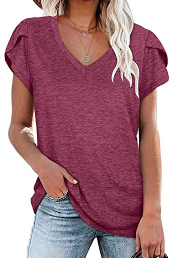 🌸 Women's V-Neck Petal Sleeve Summer T-Shirt – Elegant & Breezy null