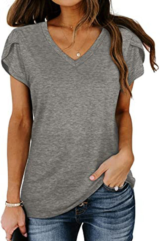 🌸 Women's V-Neck Petal Sleeve Summer T-Shirt – Elegant & Breezy null