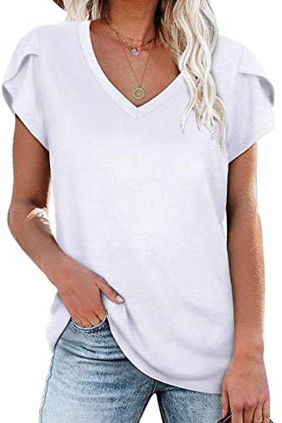 🌸 Women's V-Neck Petal Sleeve Summer T-Shirt – Elegant & Breezy null