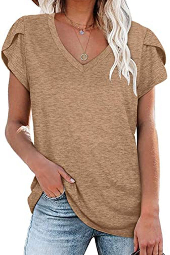 🌸 Women's V-Neck Petal Sleeve Summer T-Shirt – Elegant & Breezy null